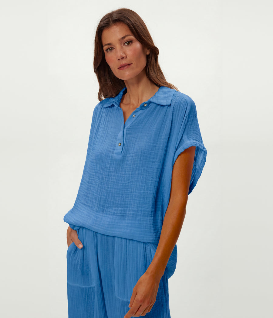 Avalon Gauze Top in BABY BLUE Blue Close up View #BLUE RIBBON