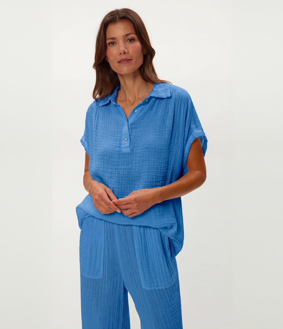 Avalon Gauze Top in BABY BLUE Blue Close up View #BLUE RIBBON