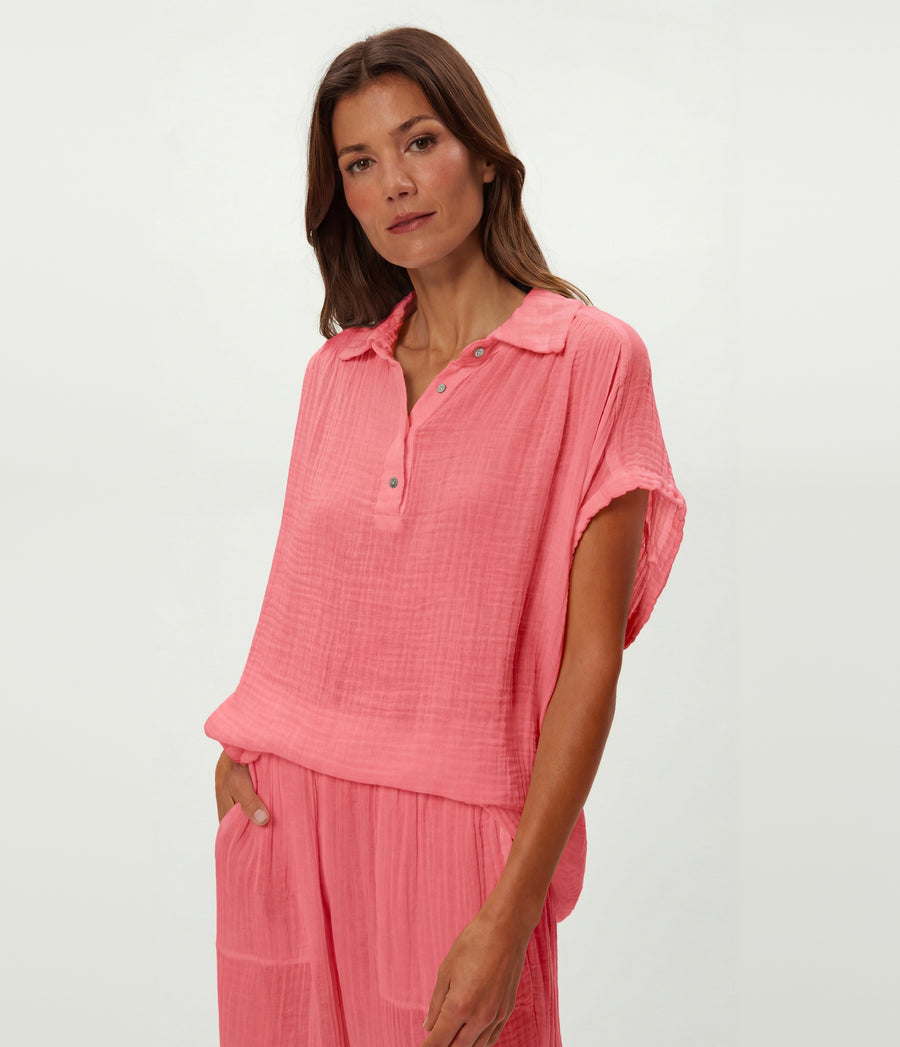 Avalon Gauze Top in DRAGONFRUIT Pink Close Up View #DRAGONFRUIT