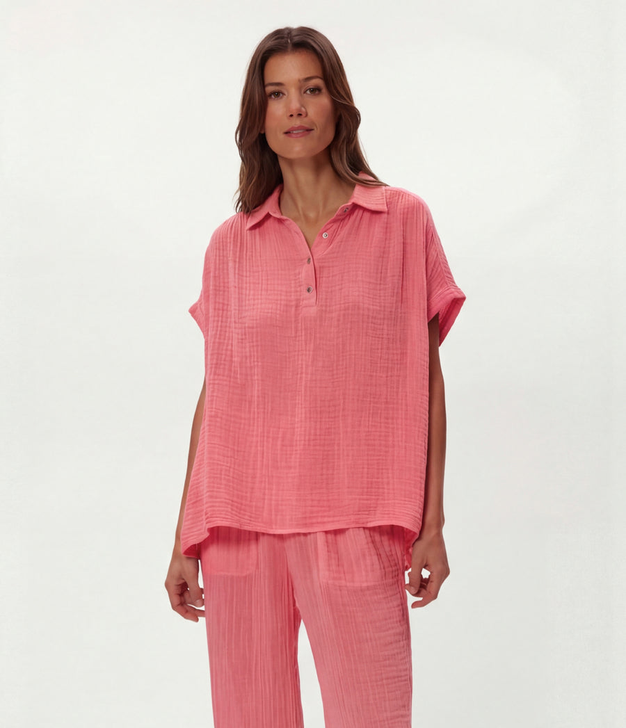Avalon Gauze Top in DRAGONFRUIT Pink Full Body View #DRAGONFRUIT