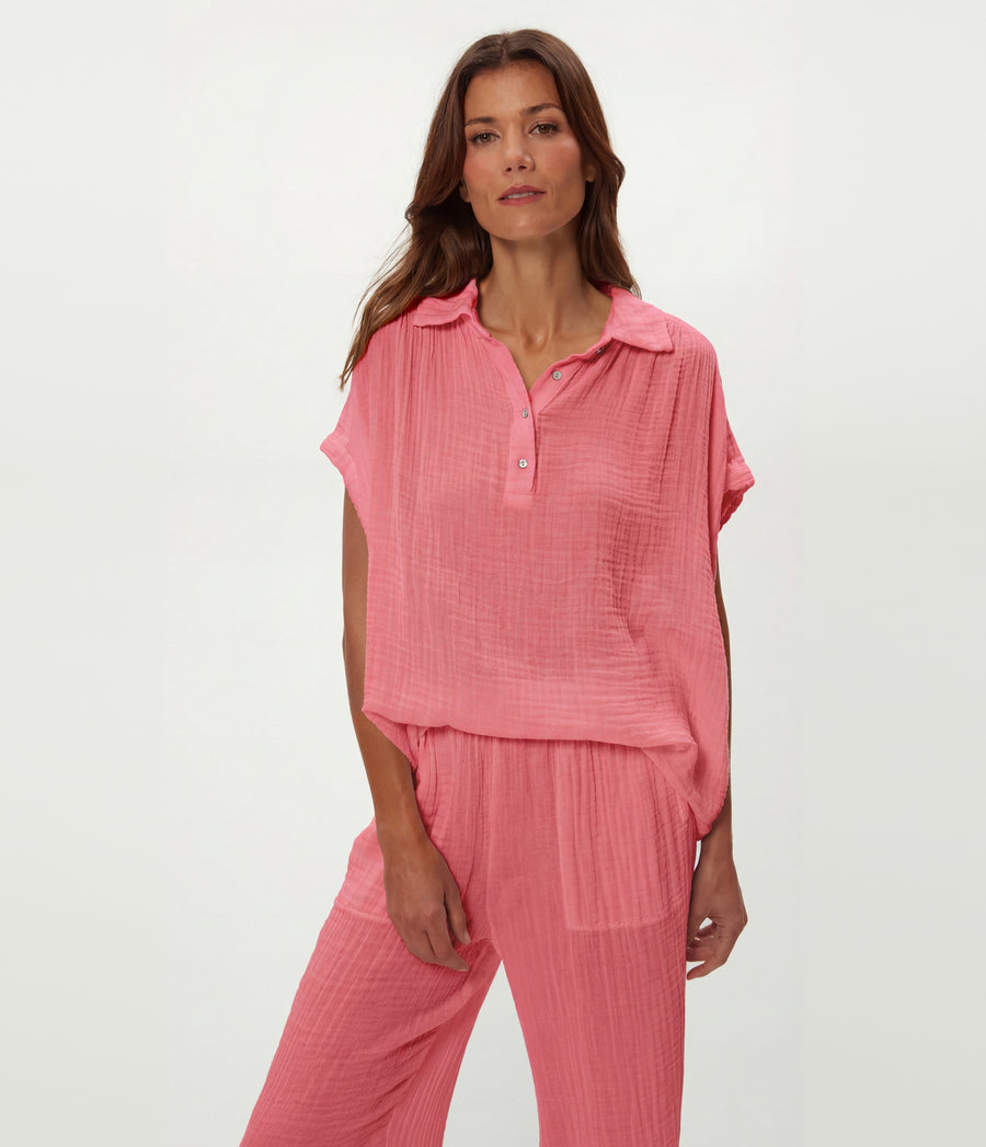 Avalon Gauze Top in DRAGONFRUIT Pink Full Body View #DRAGONFRUIT