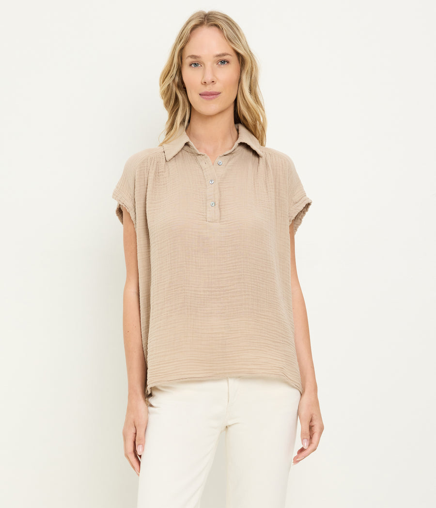Avalon Gauze Top in  MACADAMIA Beige Full Body View #MACADAMIA