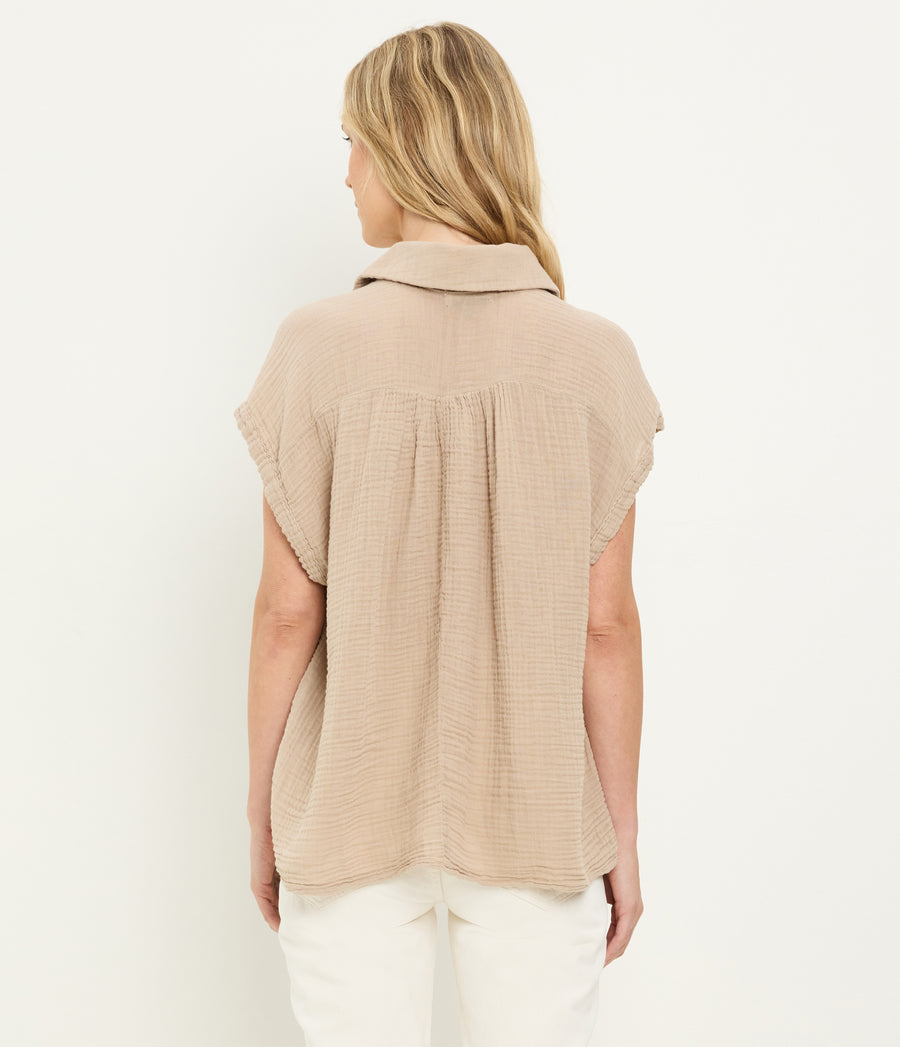 Avalon Gauze Top in  MACADAMIA Beige Back View #MACADAMIA