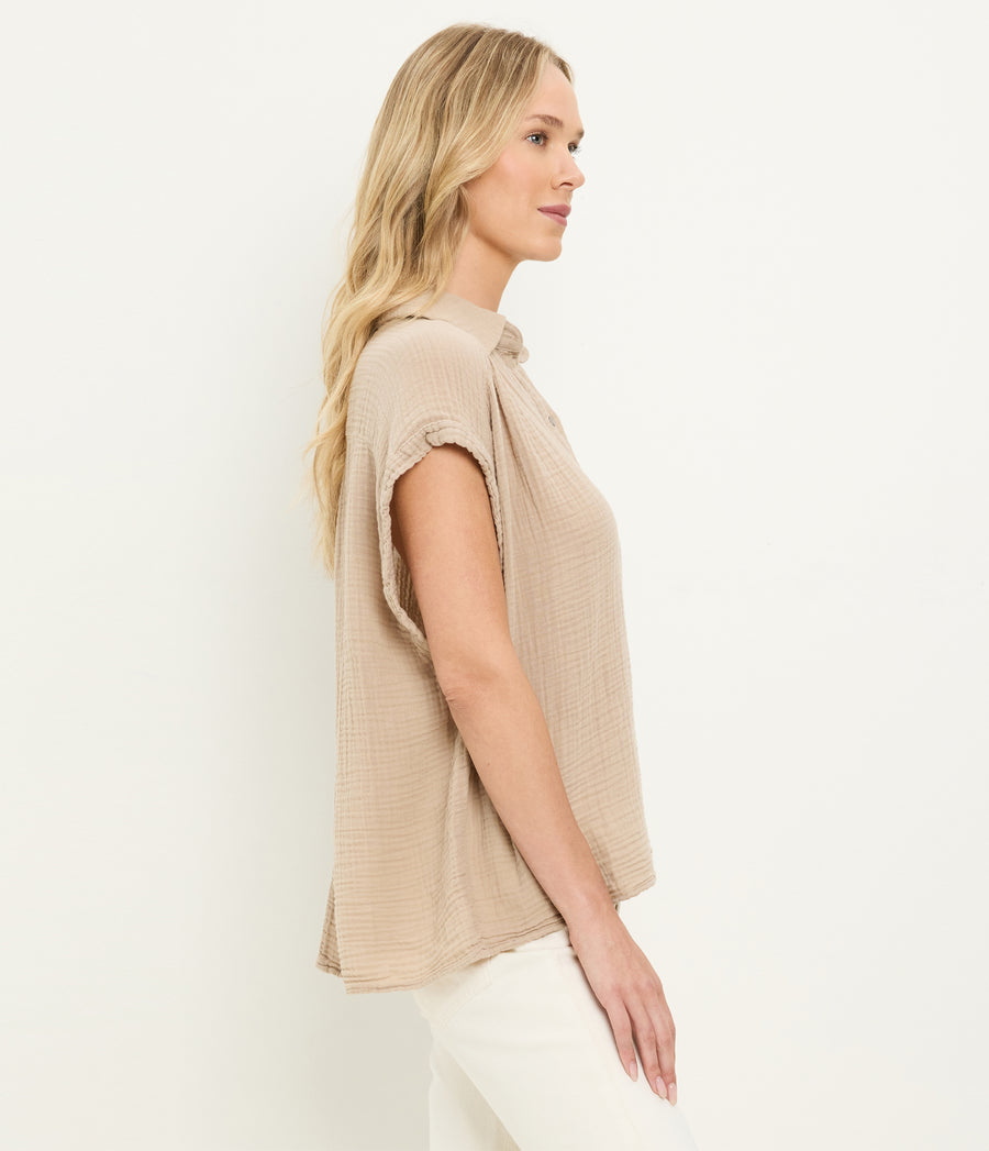 Avalon Gauze Top in  MACADAMIA Beige Side View #MACADAMIA