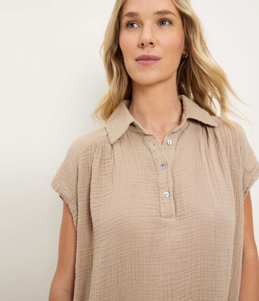 Avalon Gauze Top in  MACADAMIA Beige Close up View #MACADAMIA