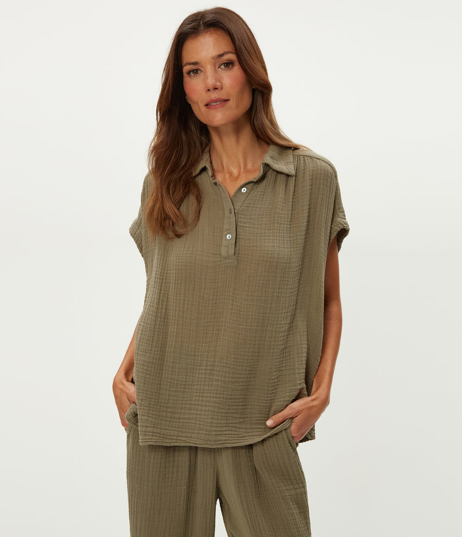 Avalon Top in Olive Green Close up View #OLIVE