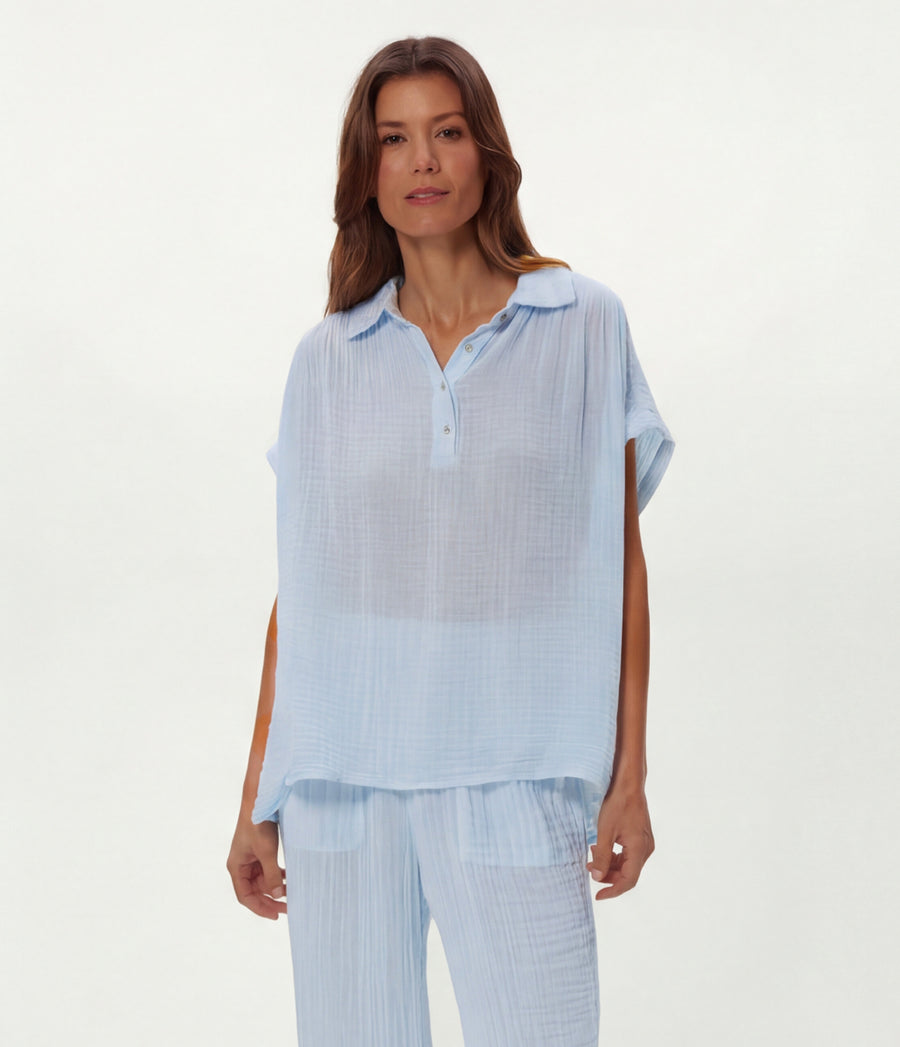 Avalon Gauze Top in SPLASH Blue Close up View #SPLASH