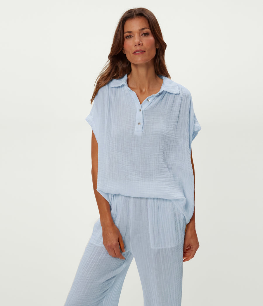 Avalon Gauze Top in SPLASH Blue Full Body View #SPLASH