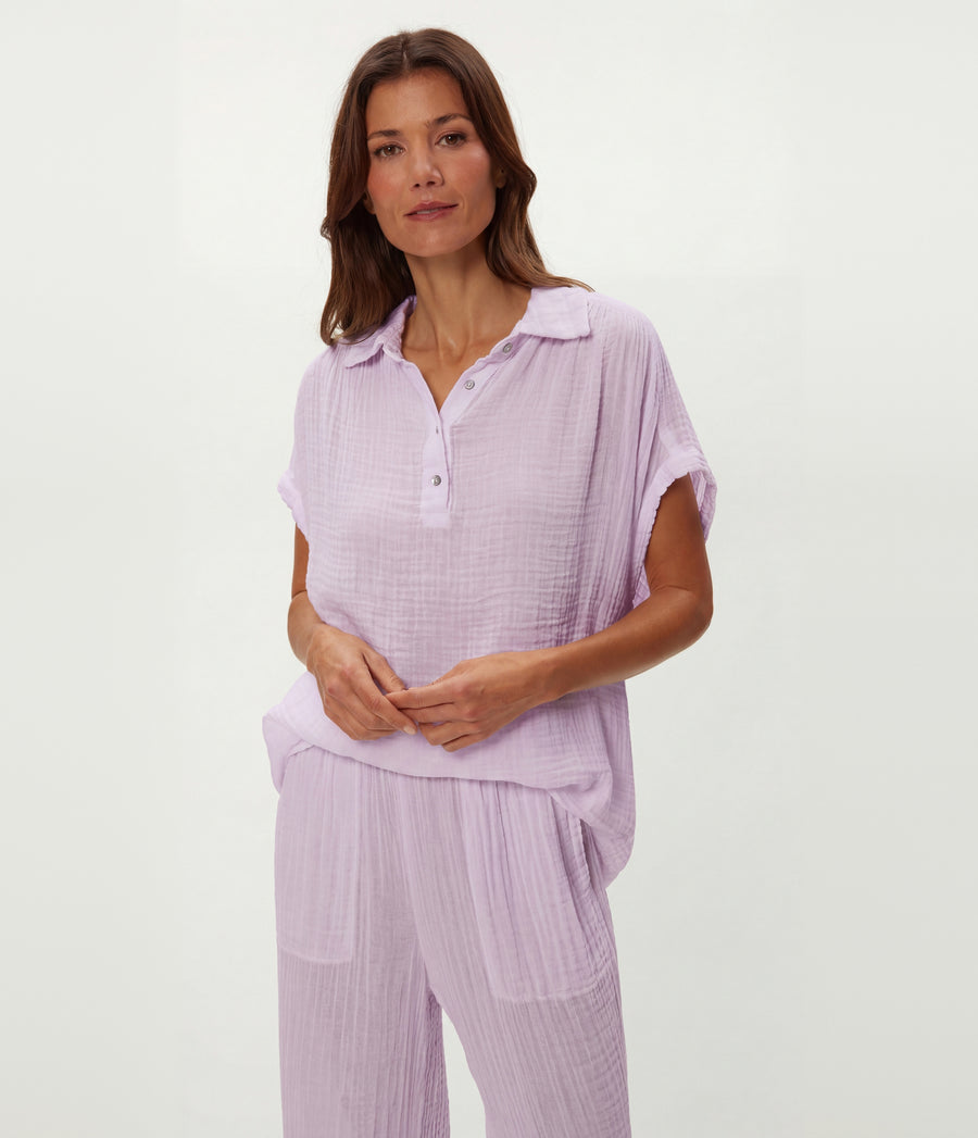 Avalon Gauze Top in WHIMSY PURPLE Close up View #WHIMSY