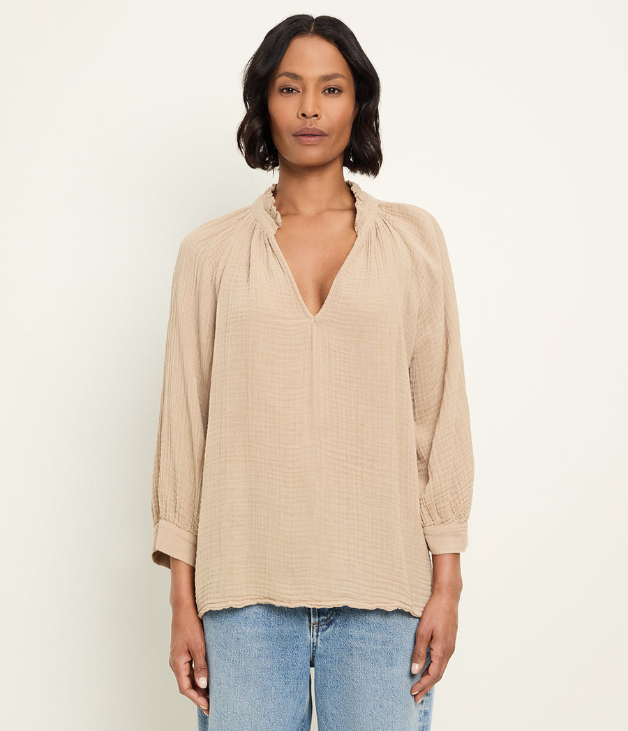 Kali Ruffle Neck Top in  MACADAMIA Beige Full Body View #MACADAMIA