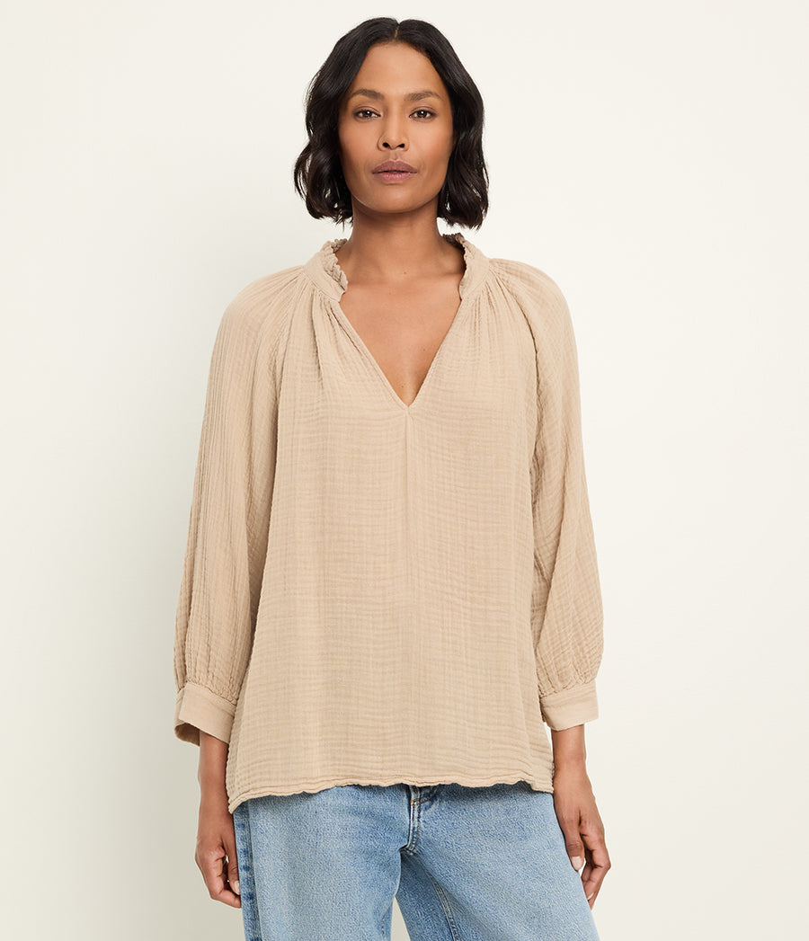 Kali Ruffle Neck Top in  MACADAMIA Beige Full Body View #MACADAMIA