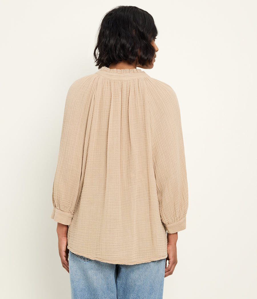 Kali Ruffle Neck Top in  MACADAMIA Beige Back View #MACADAMIA