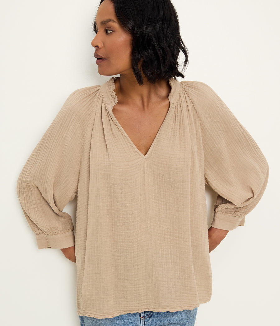 Kali Ruffle Neck Top in  MACADAMIA Beige Close up View #MACADAMIA