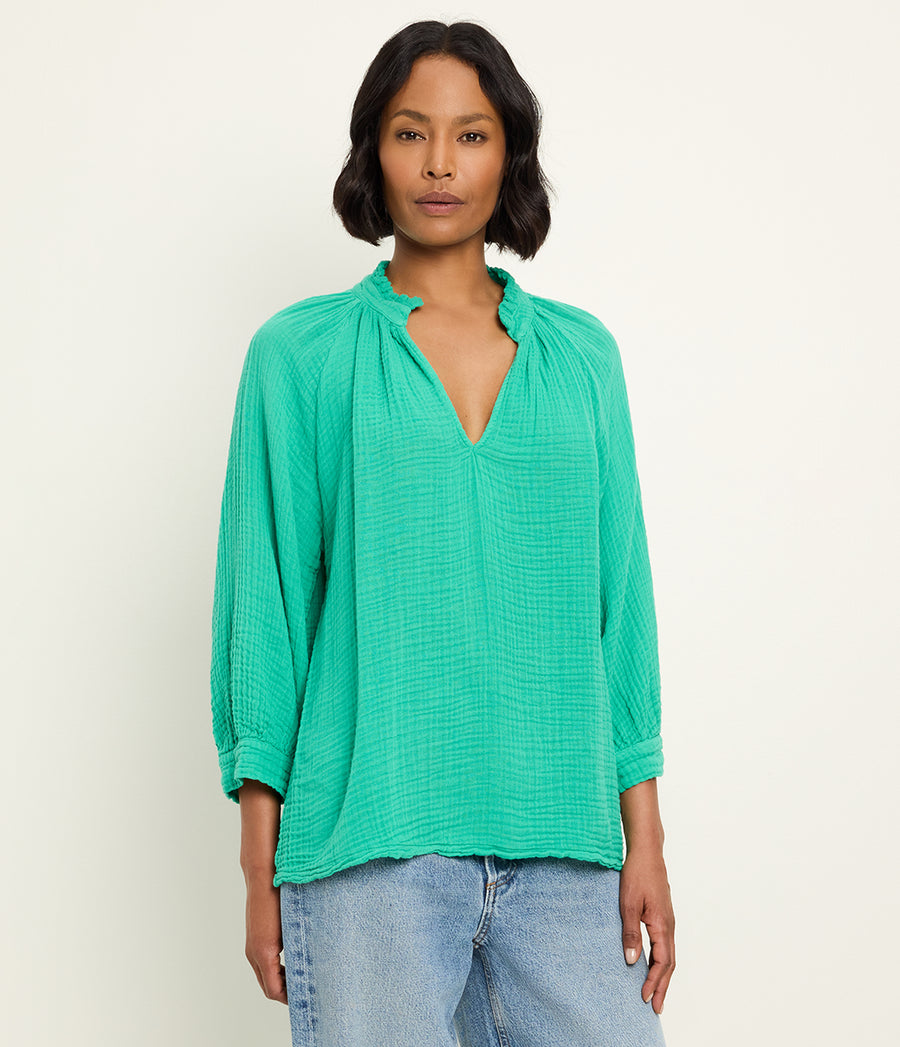 Kali Ruffle Neck Top in MALDIVES Green Full Body View #MALDIVES