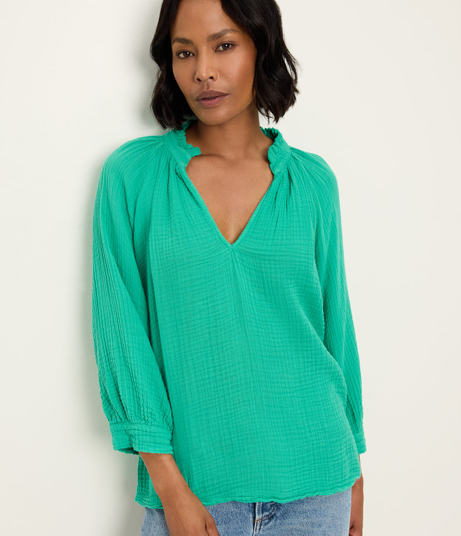 Kali Ruffle Neck Top in MALDIVES Green Close Up View #MALDIVES