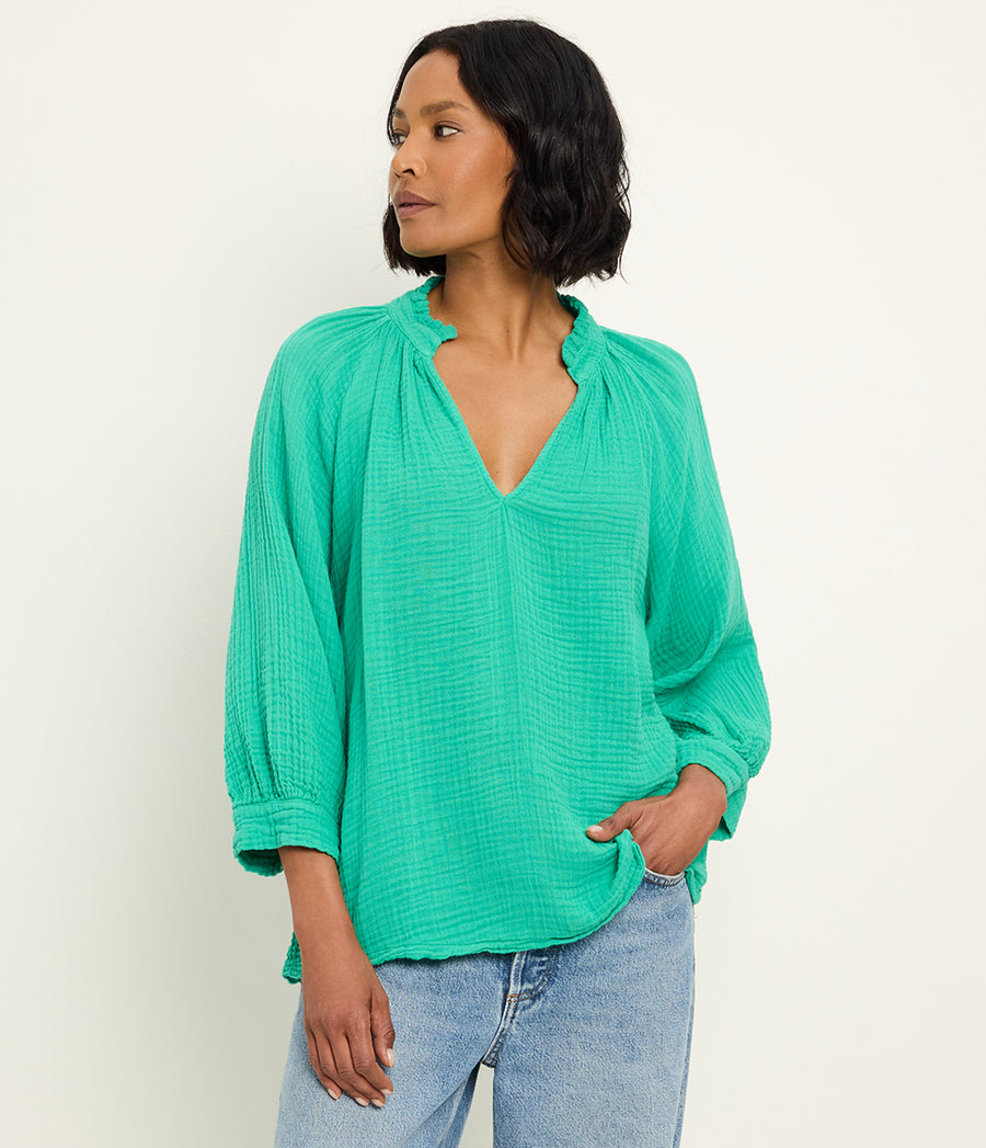 Kali Ruffle Neck Top in MALDIVES Green Full Body View #MALDIVES