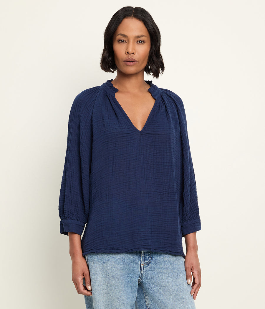Kali Ruffle Neck Top in Nocturnal Blue Close up View  #NOCTURNAL