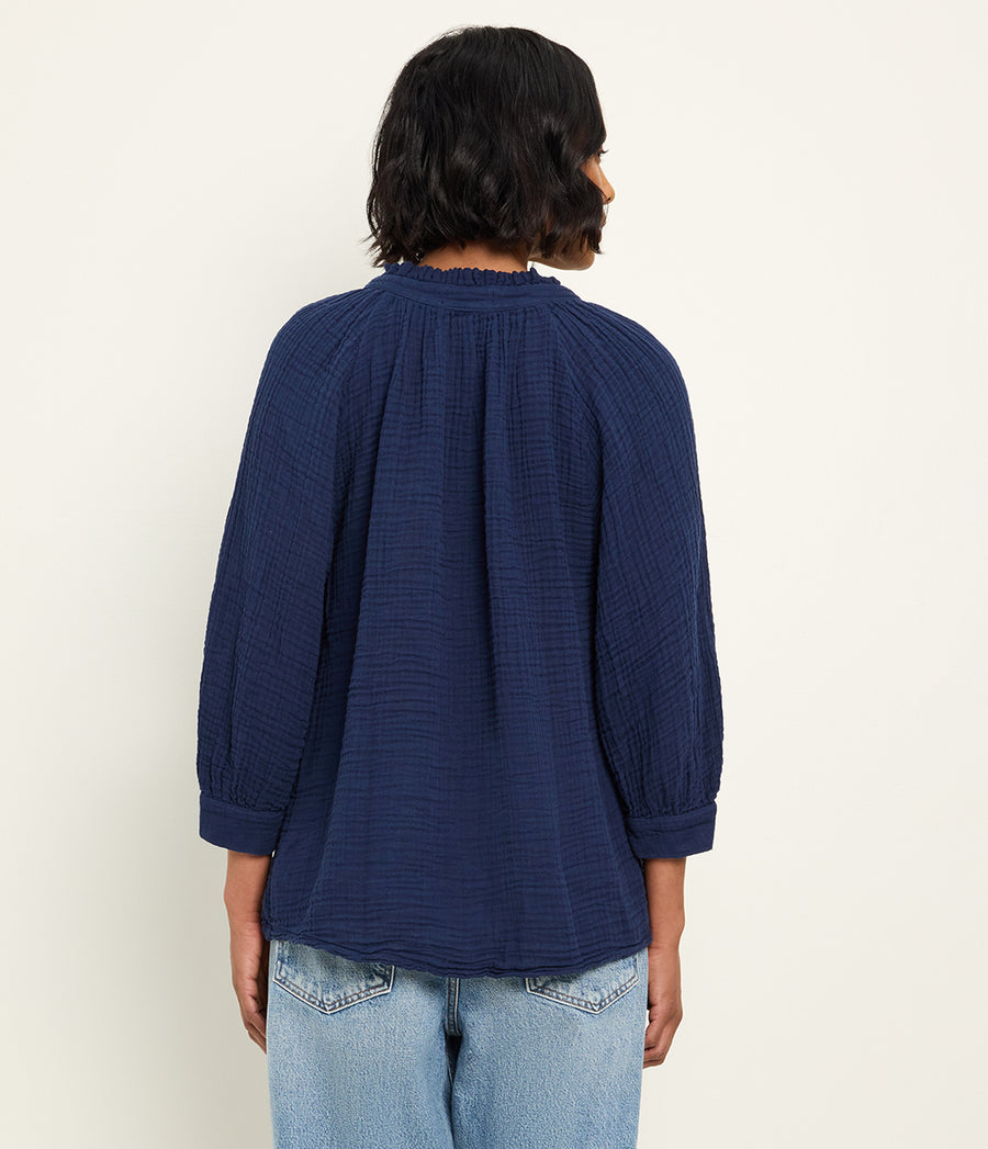 Kali Ruffle Neck Top in Nocturnal Blue Back View  #NOCTURNAL