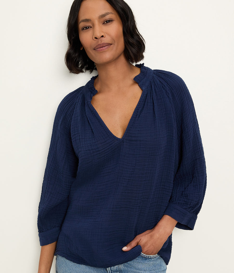 Kali Ruffle Neck Top in Nocturnal Blue Close up View  #NOCTURNAL