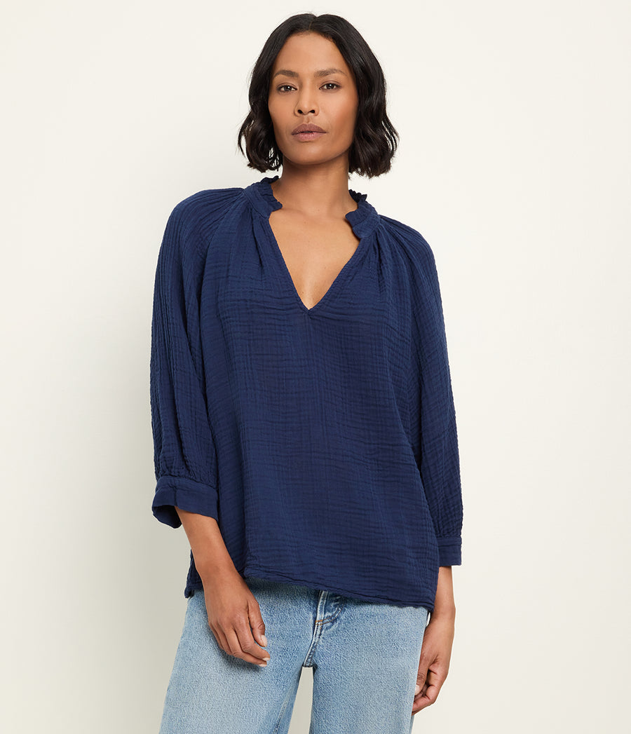 Kali Ruffle Neck Top in Nocturnal Blue Close up View  #NOCTURNAL