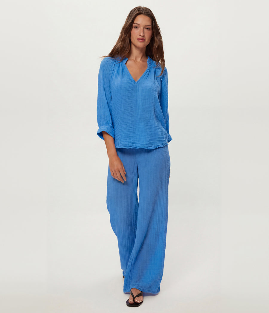 Kali Ruffle Neck Top in BABY BLUE Blue Full Body View #BLUE RIBBON
