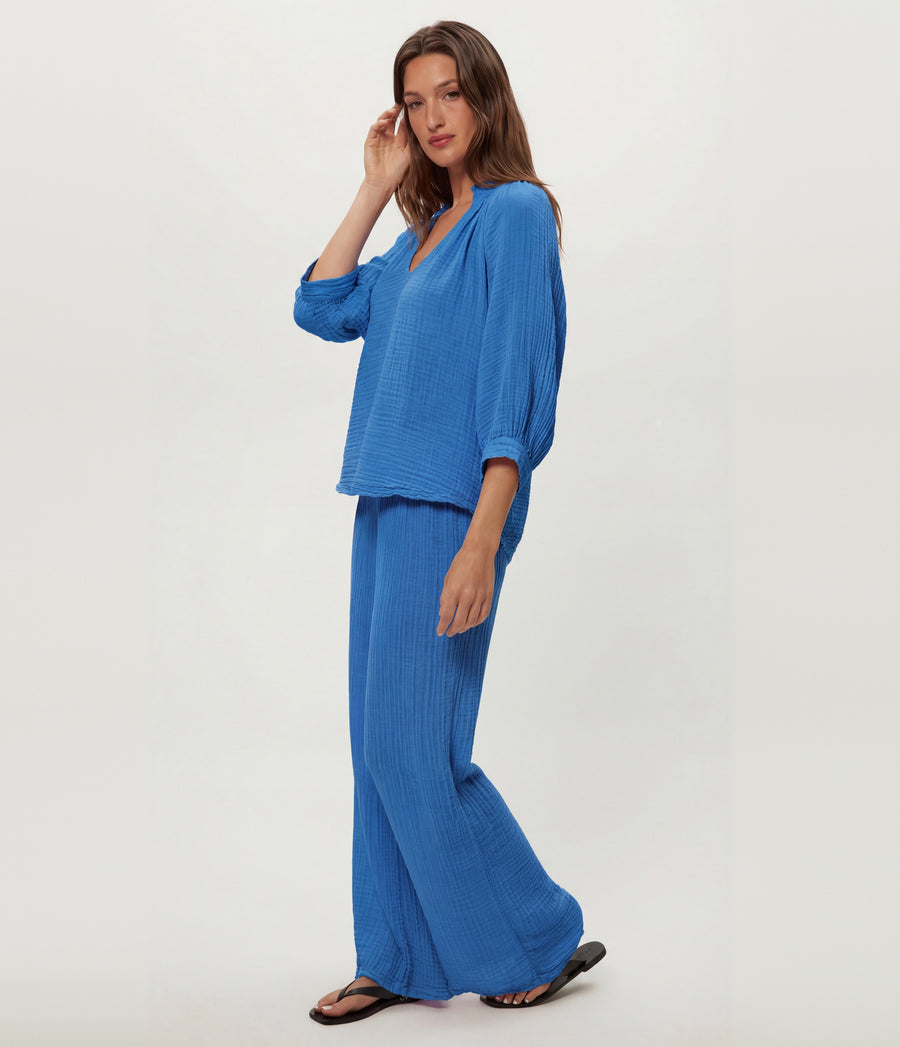 Kali Ruffle Neck Top in BABY BLUE Blue Side View #BLUE RIBBON