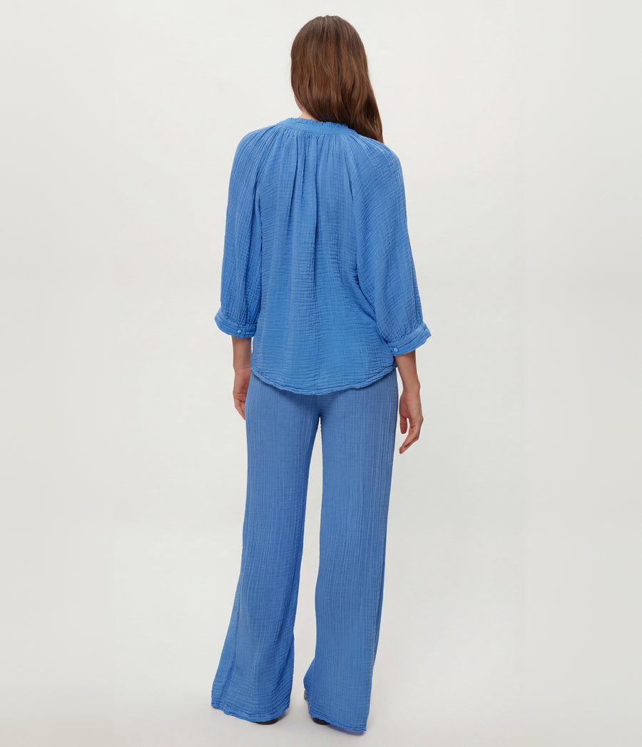 Kali Ruffle Neck Top in BABY BLUE Blue Back View #BLUE RIBBON