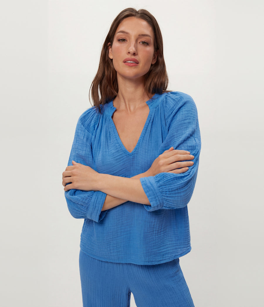 Kali Ruffle Neck Top in BABY BLUE Blue Close up View #BLUE RIBBON