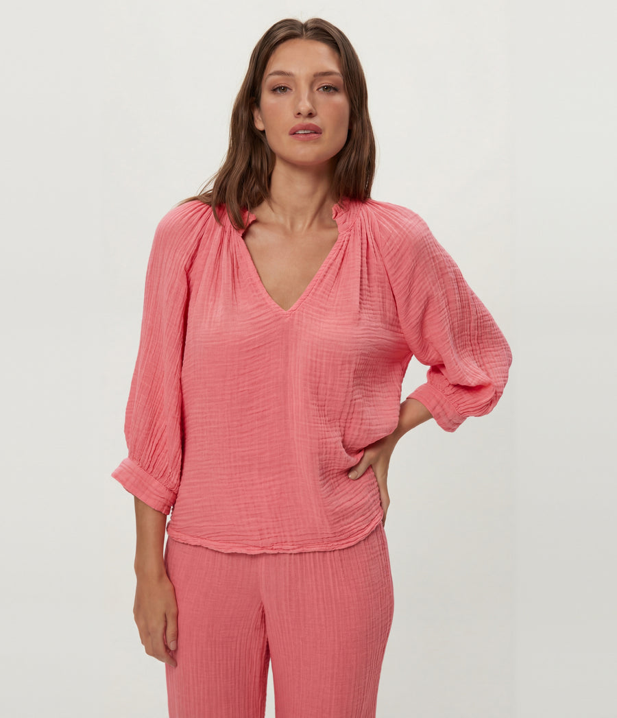 Kali Ruffle Neck Top in DRAGONFRUIT Pink Close Up View #DRAGONFRUIT
