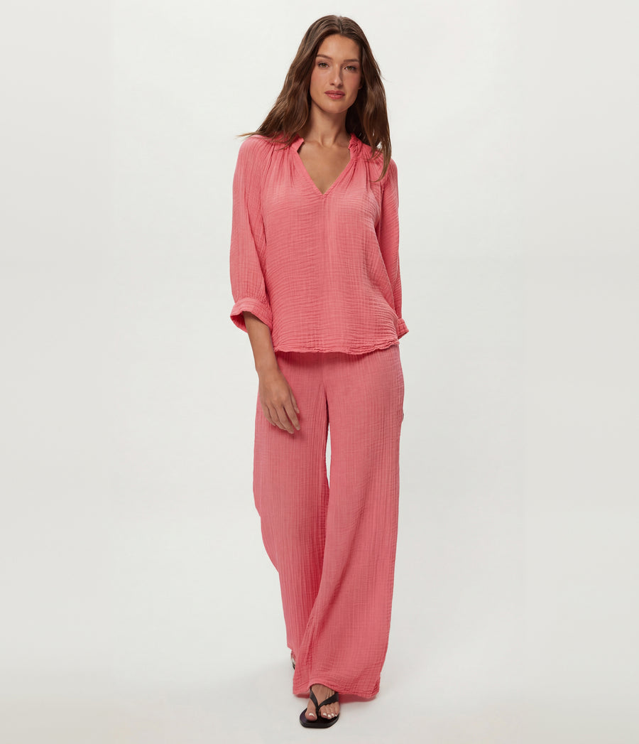 Kali Ruffle Neck Top in DRAGONFRUIT Pink Full Body View #DRAGONFRUIT