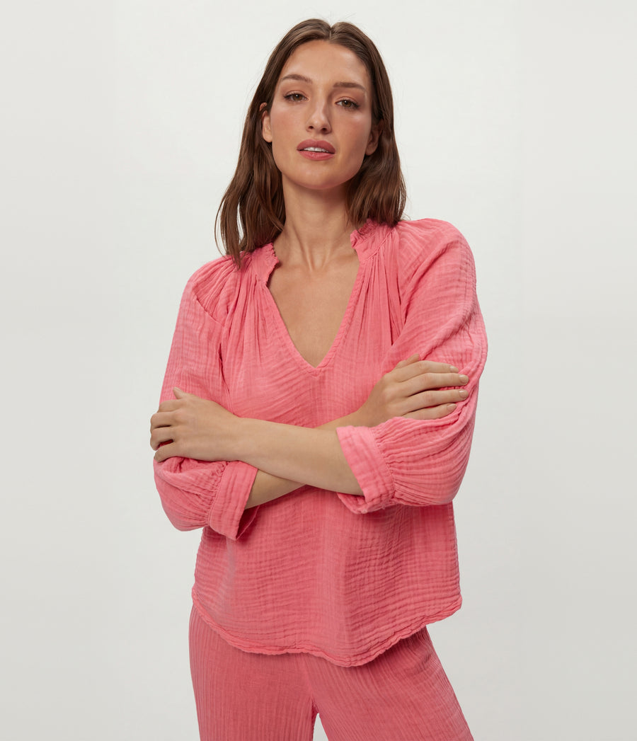 Kali Ruffle Neck Top in DRAGONFRUIT Pink Close Up View #DRAGONFRUIT