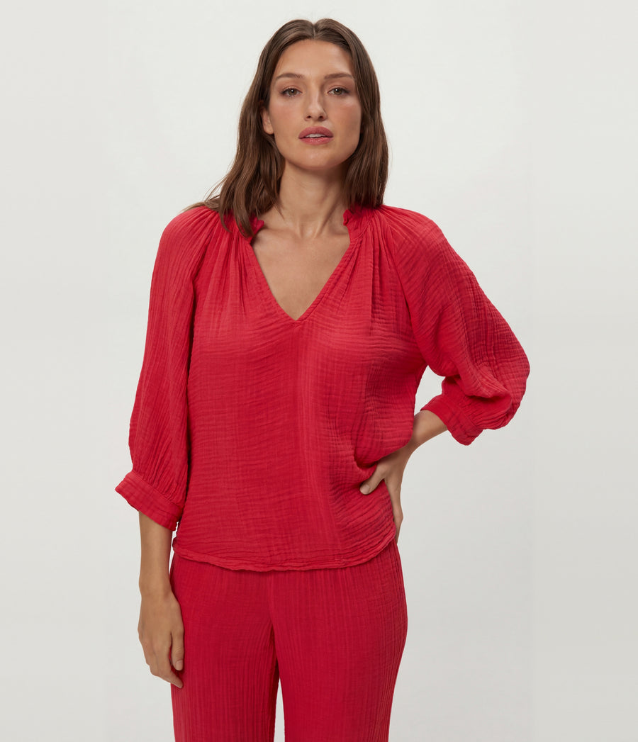 Kali Ruffle Neck Top in LACQUER RED Close up View #LACQUER