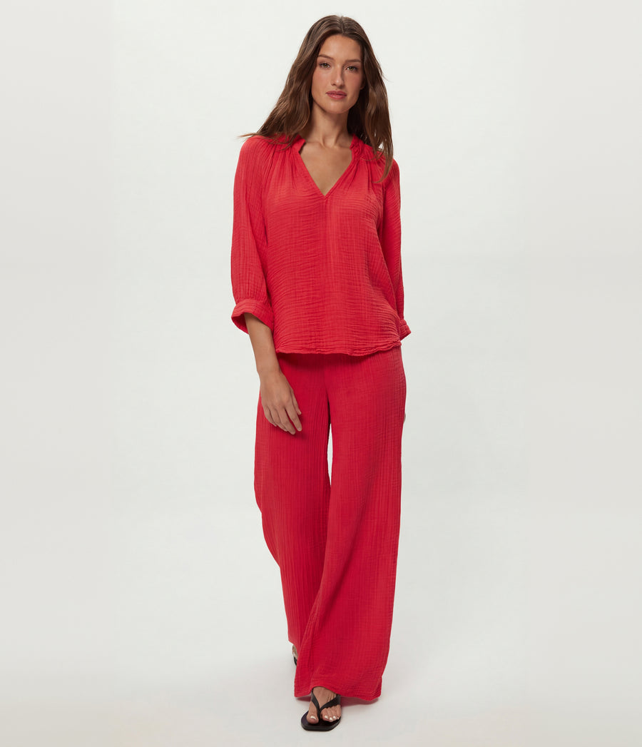 Kali Ruffle Neck Top in LACQUER RED Full Body View #LACQUER