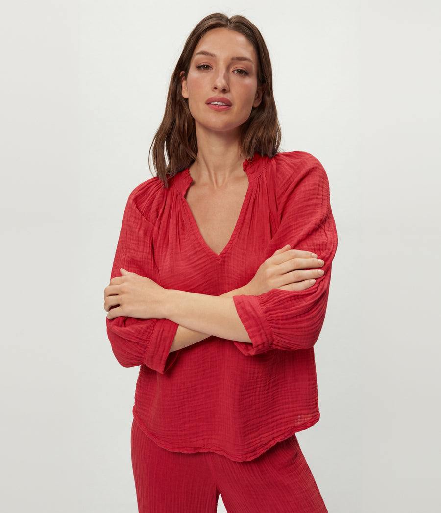 Kali Ruffle Neck Top in LACQUER RED Close up View #LACQUER