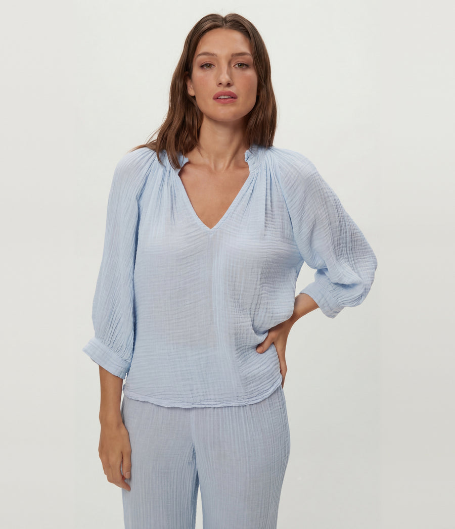 Kali Ruffle Neck Top in SPLASH Blue Close up View #SPLASH