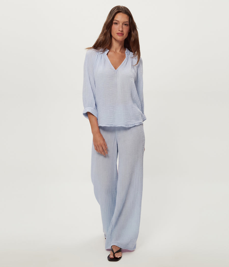 Kali Ruffle Neck Top in SPLASH Blue Close up View #SPLASH