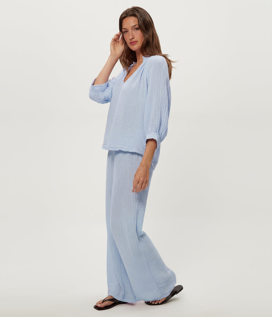 Kali Ruffle Neck Top in SPLASH Blue Side View #SPLASH