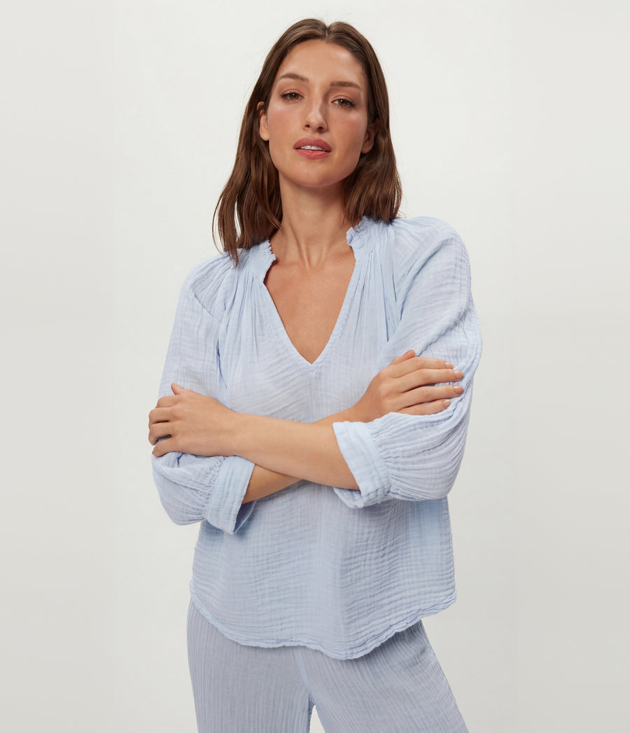 Kali Ruffle Neck Top in SPLASH Blue Close up View #SPLASH