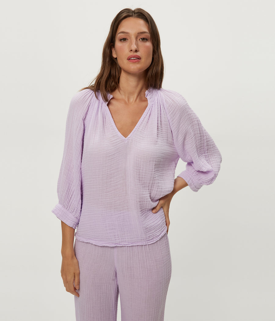 Kali Ruffle Neck Top in WHIMSY PURPLE Close up View #WHIMSY