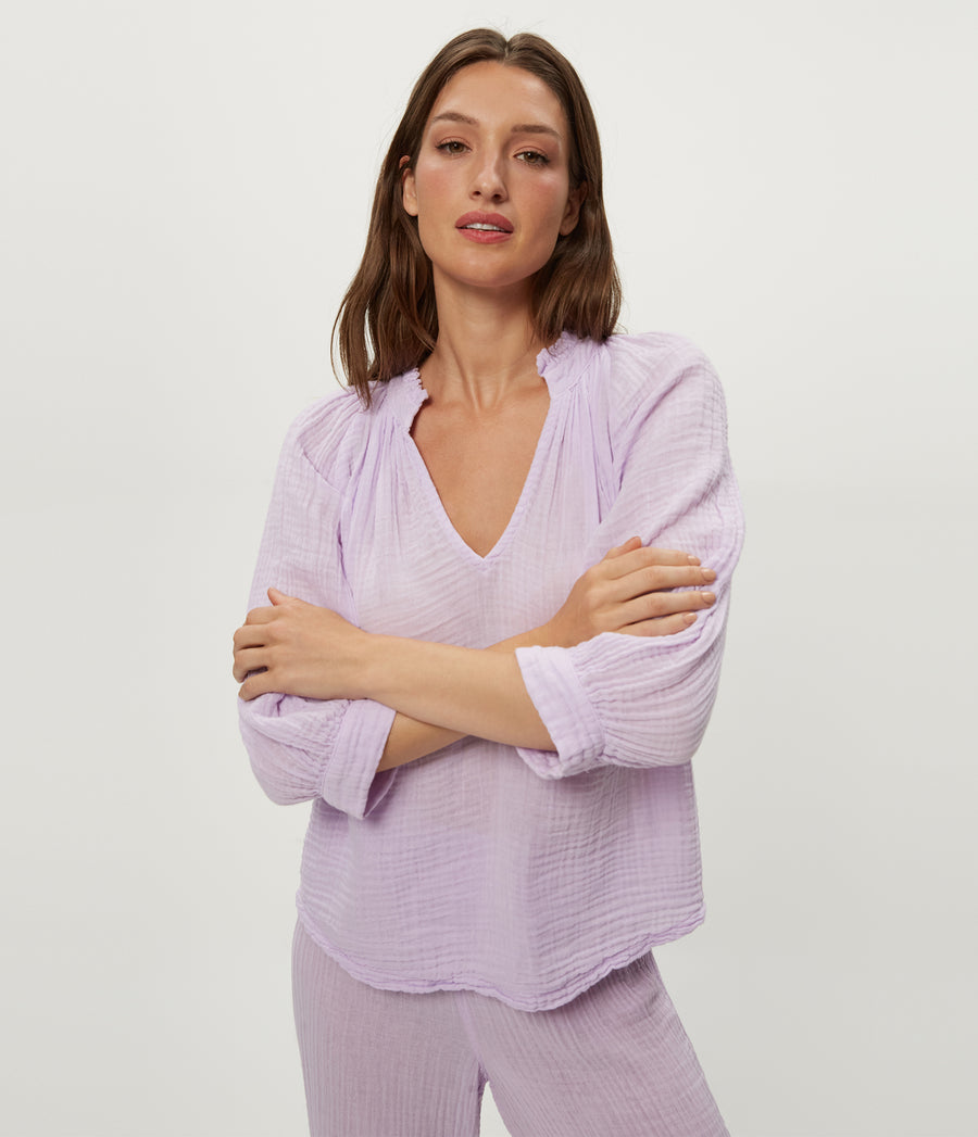 Kali Ruffle Neck Top in WHIMSY PURPLE Close up View #WHIMSY