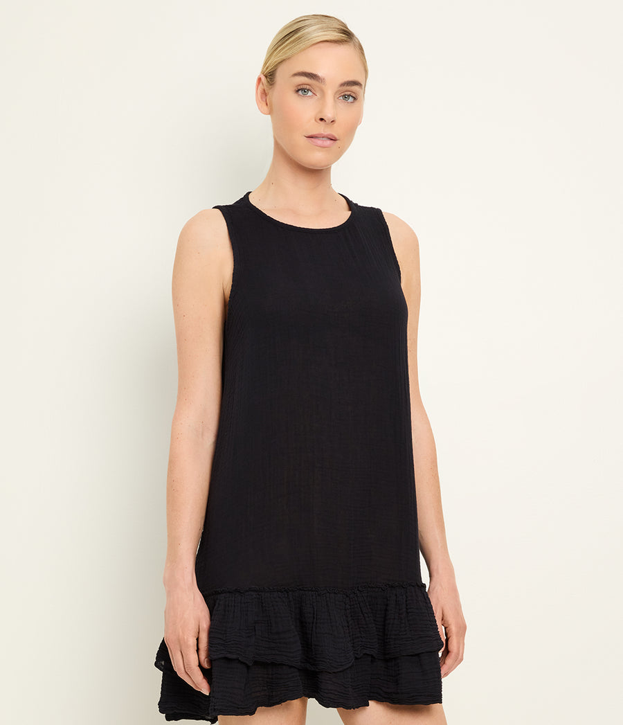 Dhaliah Ruffle Mini Dress in Black Full Body View #BLACK