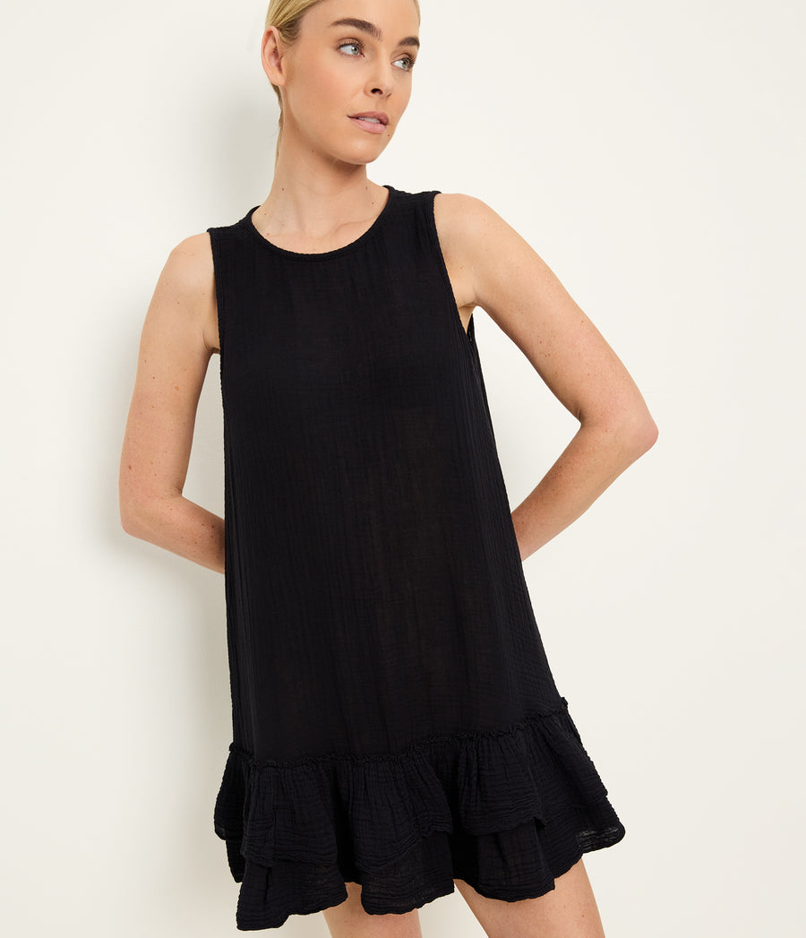 Dhaliah Ruffle Mini Dress in Black Close up View #BLACK