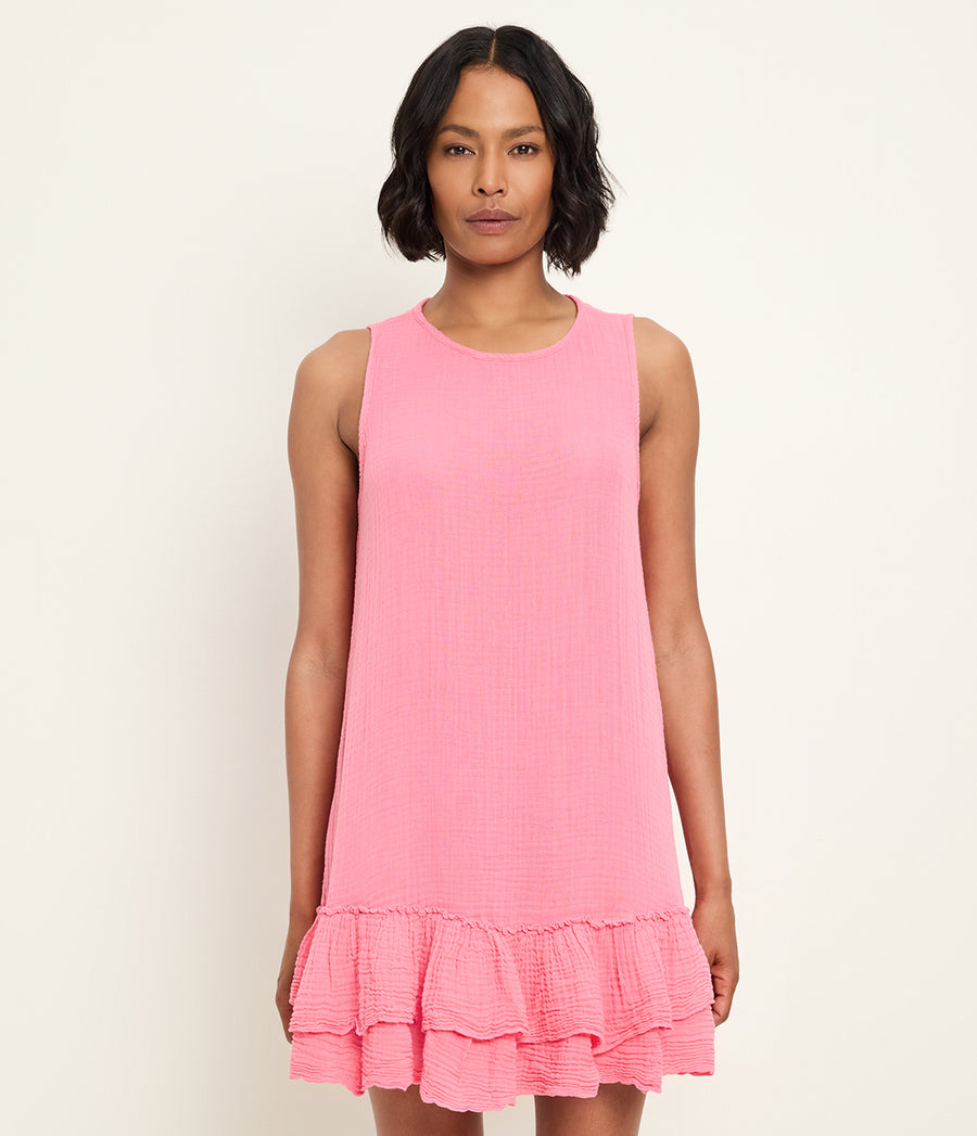 Dhaliah Ruffle Mini Dress in DRAGONFRUIT Pink Full Body View #DRAGONFRUIT