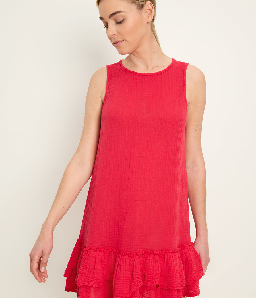 Dhaliah Ruffle Mini Dress in LACQUER RED Close up View #LACQUER