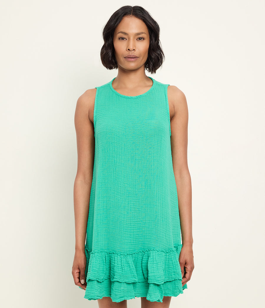 Dhaliah Ruffle Mini Dress in MALDIVES Green Full Body View #MALDIVES