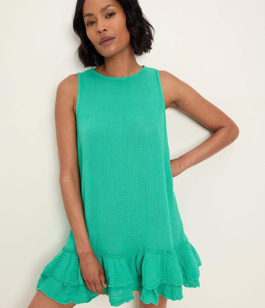 Dhaliah Ruffle Mini Dress in MALDIVES Green Close up View #MALDIVES