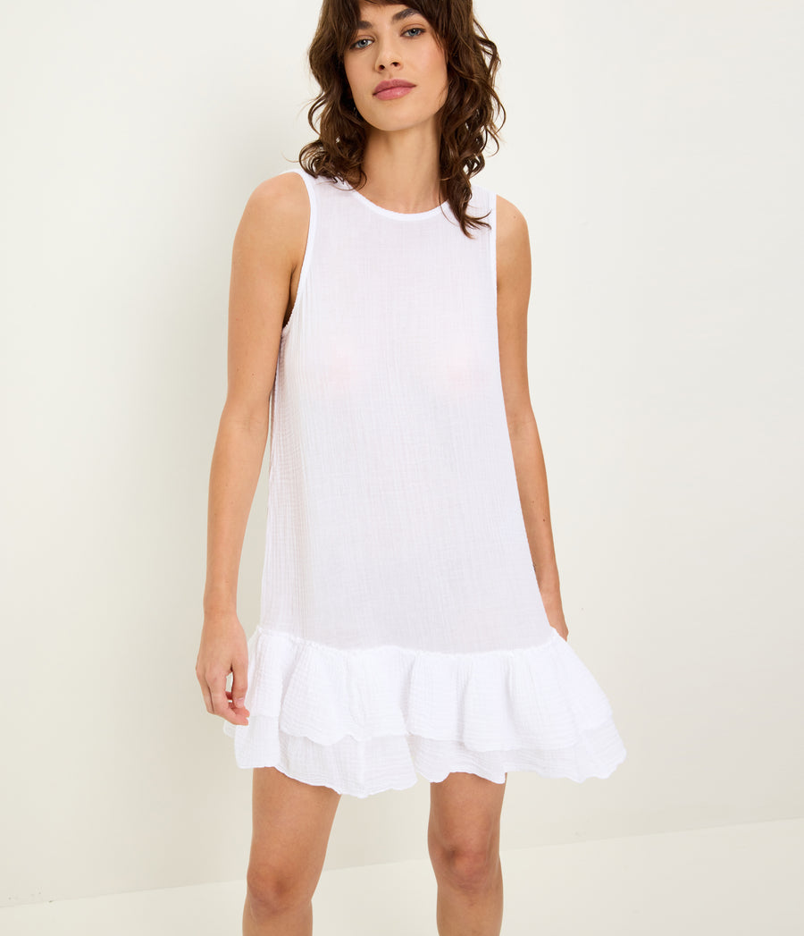Dhaliah Ruffle Mini Dress in White Close up View #WHITE