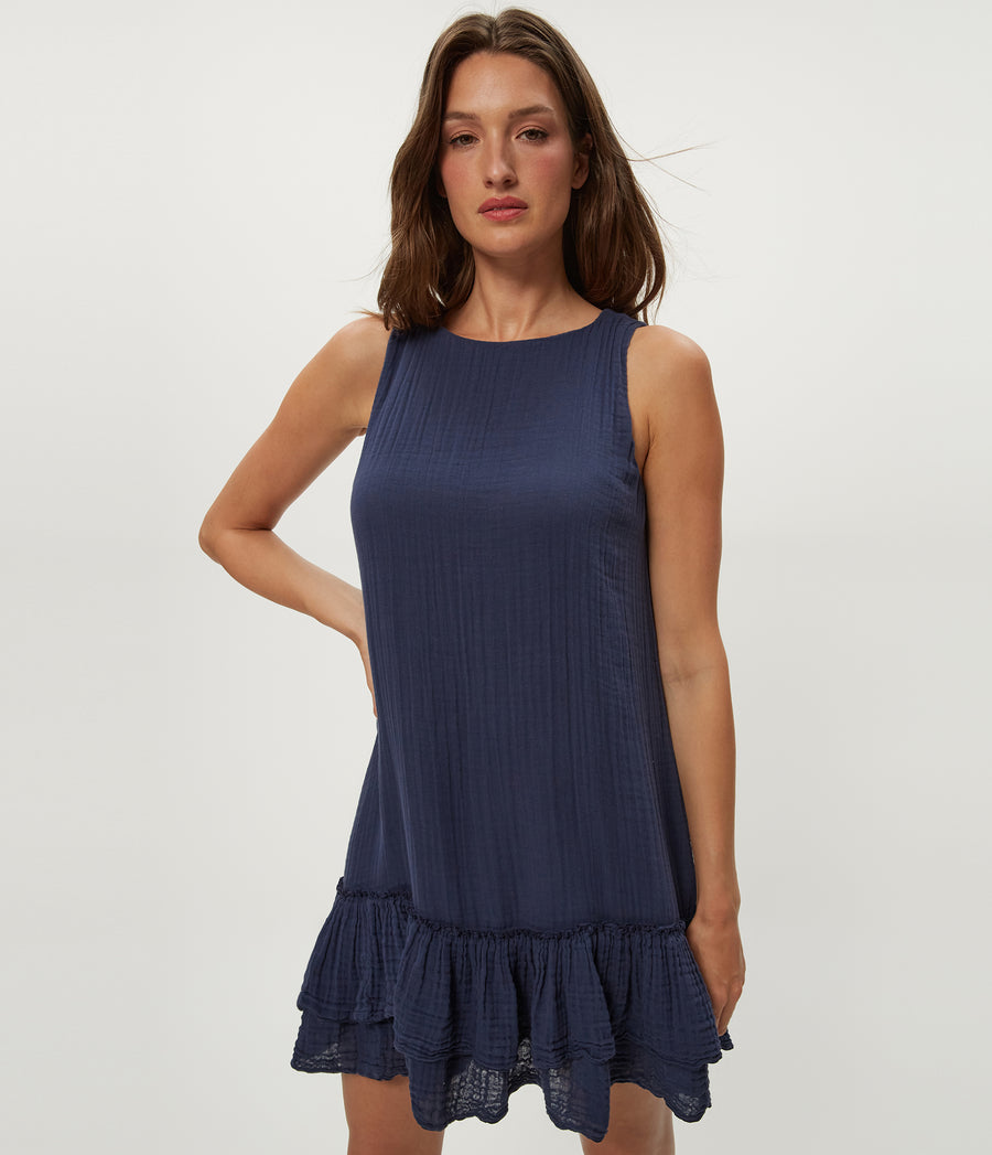 Dhaliah Ruffle Mini Dress in Nocturnal Blue Close up View  #NOCTURNAL