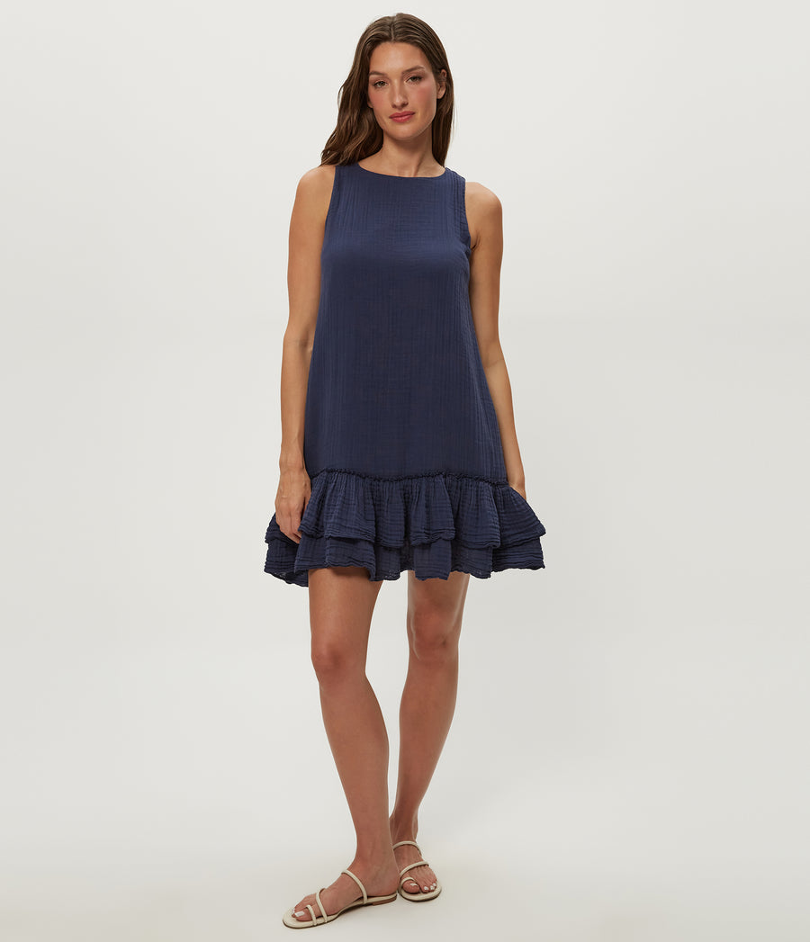 Dhaliah Ruffle Mini Dress in Nocturnal Blue Full Body View #NOCTURNAL