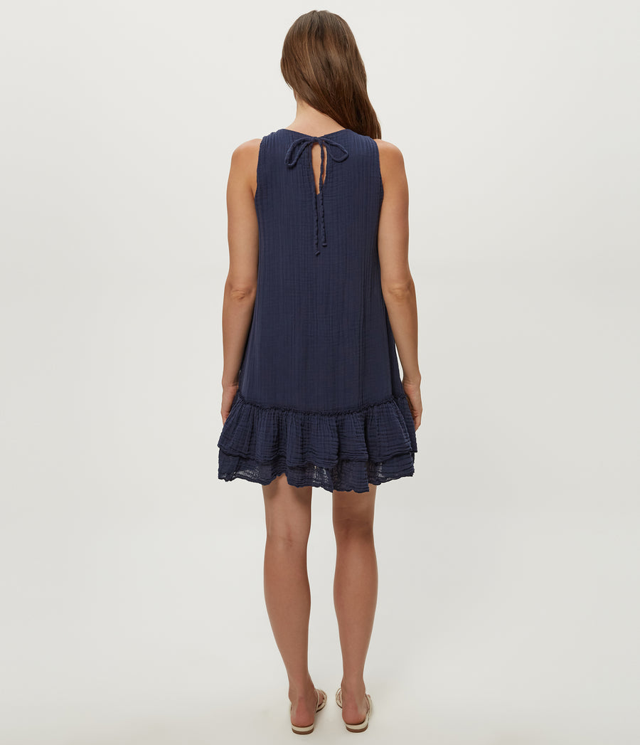 Dhaliah Ruffle Mini Dress in Nocturnal Blue Back View  #NOCTURNAL